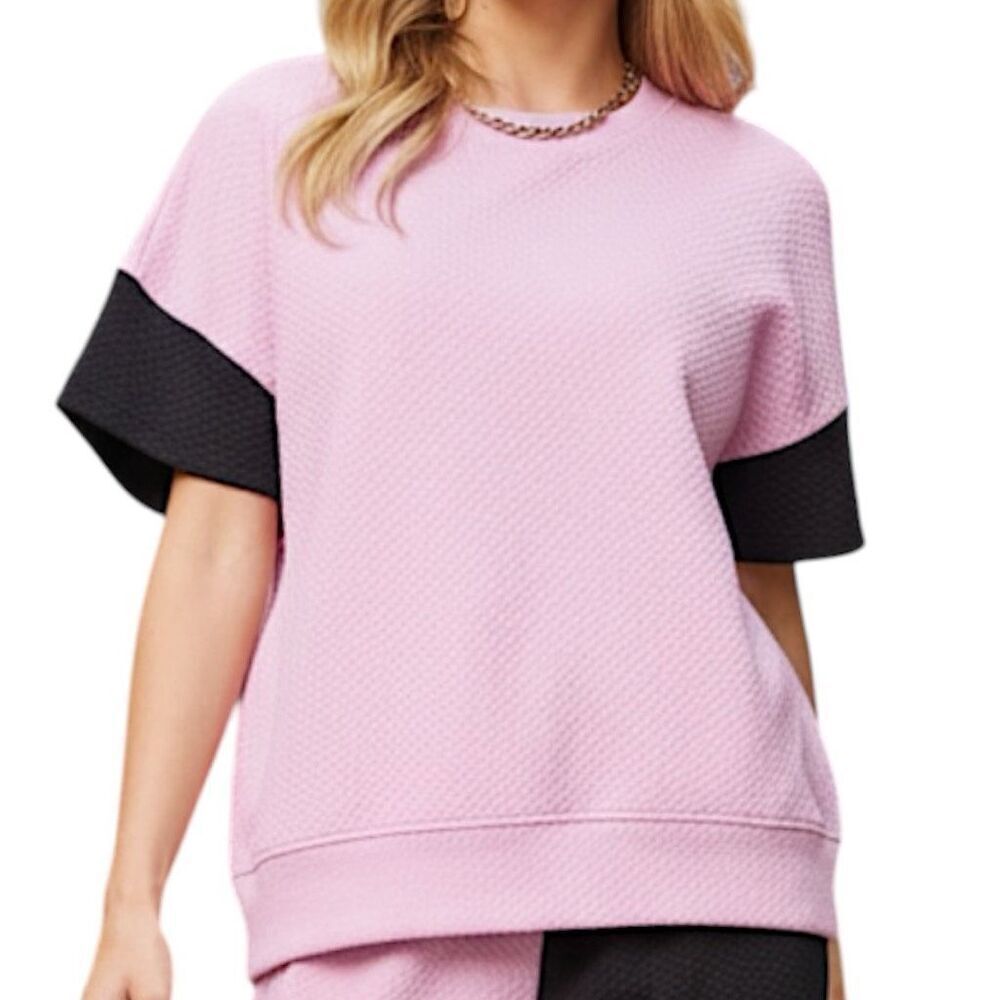 Pink & Black Texture Contrast T-Shirt and Wide Leg Pants Lounge Set NWT - Picture 6 of 8